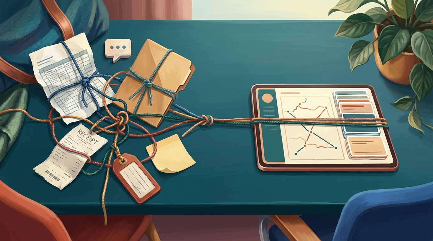 Watercolor illustration of concept still life on a deep teal desk: on the left, a chaotic tangle of six small objects bound in knotted threads — a , representing how to plan a company retreat