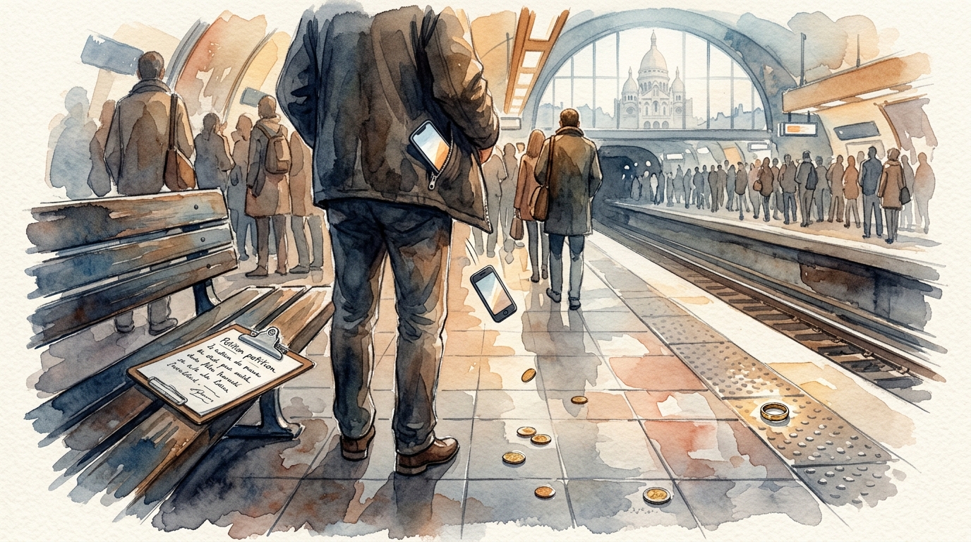 Watercolor illustration of a crowded European metro platform scene viewed from above, focused on objects rather than faces: a phone slipping out of