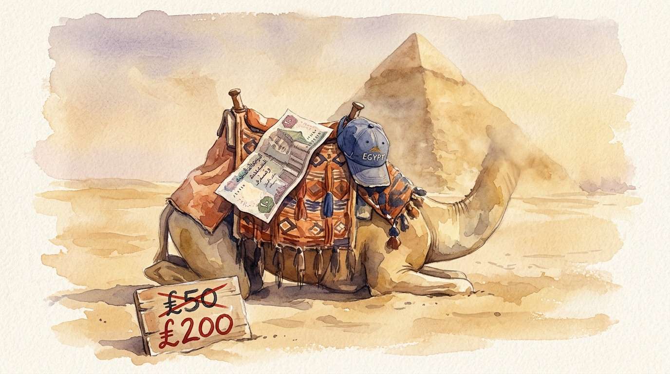 Watercolor illustration of an empty camel saddle perched high atop a kneeling camel near the Pyramids of Giza, with no rider