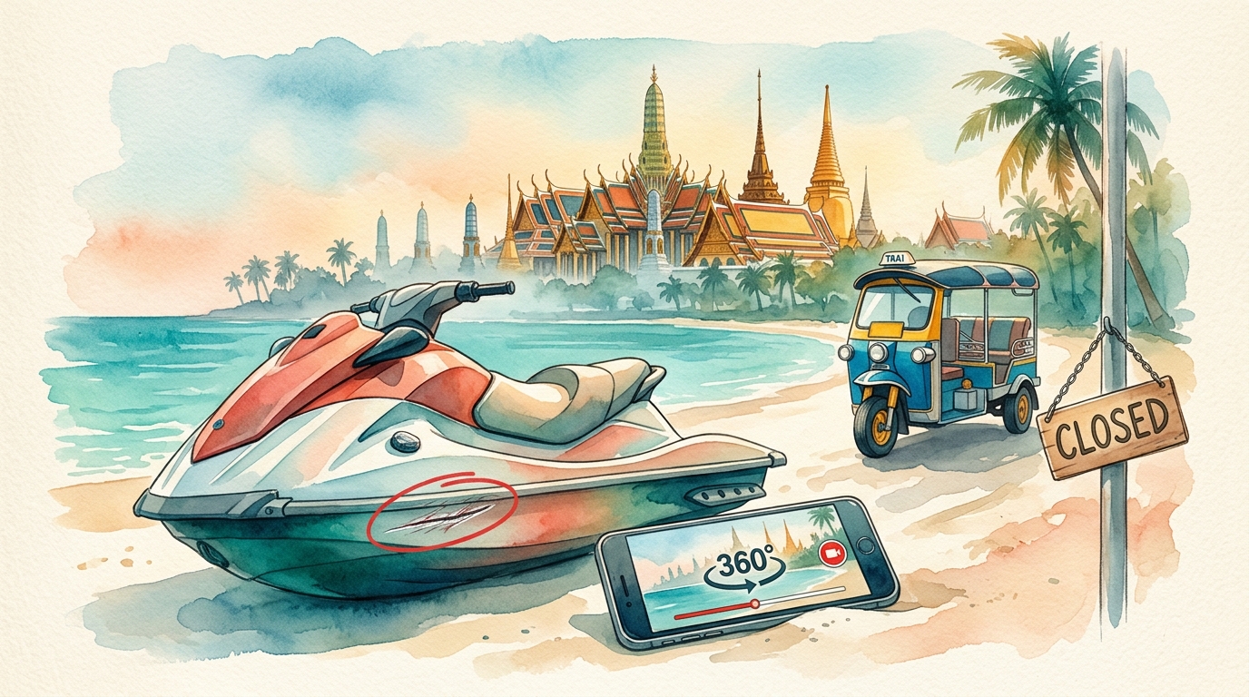 Watercolor illustration of a beached jet ski on white Thai sand, its hull prominently showing a pre-existing scratch circled with red marker