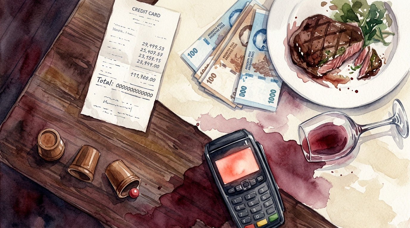 Watercolor illustration of an overhead flat-lay on a dark wooden Buenos Aires restaurant table: a credit card receipt with a suspiciously long stri