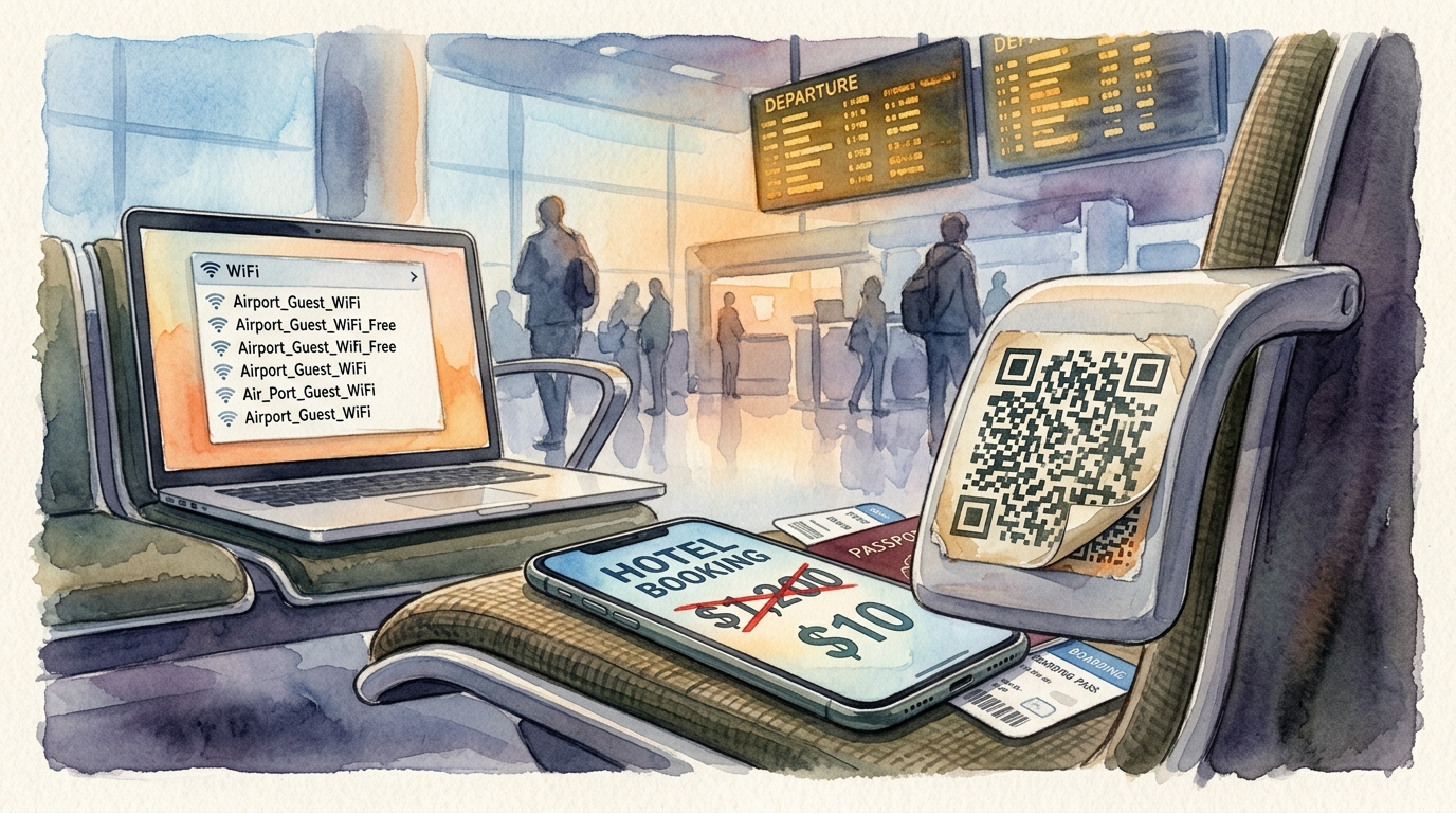 Watercolor illustration of a smartphone lying on an airport departure lounge seat, its screen displaying a too-good-to-be-true hotel booking page w