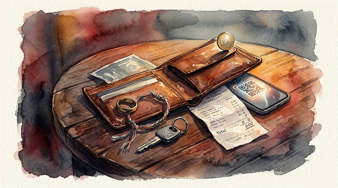 Watercolor illustration of a symbolic still life: an open leather travel wallet lying on a worn café table, surrounded by objects that tell a sinis, representing worst travel scams by region