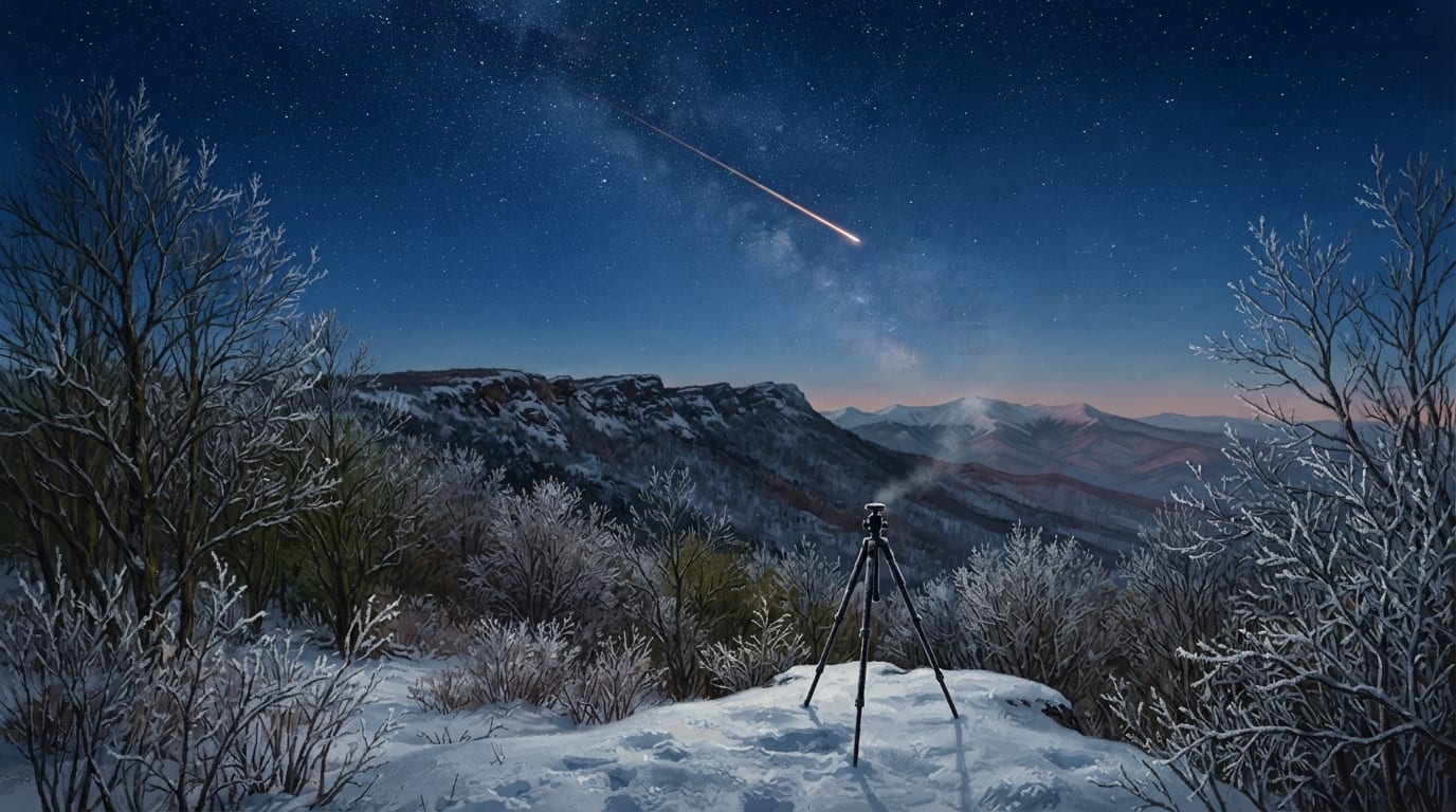 A single bright meteor streaks over a frosted winter ridge under a starlit January sky