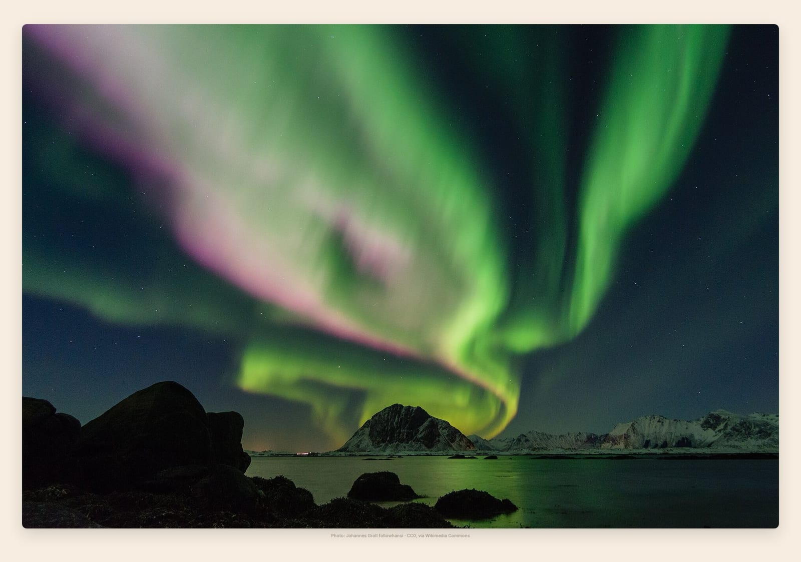 Green and violet aurora curtains ripple above snow-dusted peaks and a still fjord