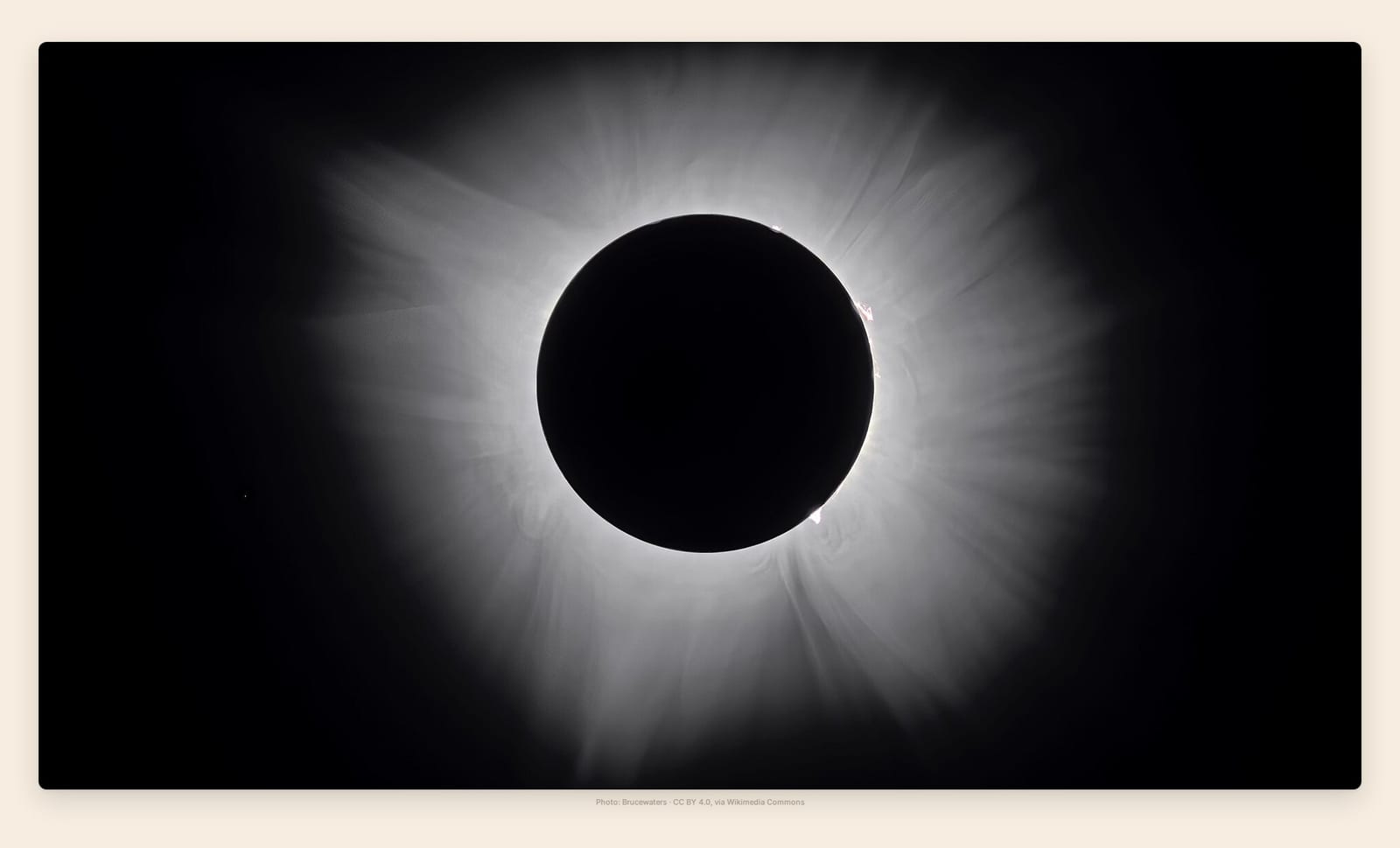 The sun's corona blazing in pale streamers around the moon during totality