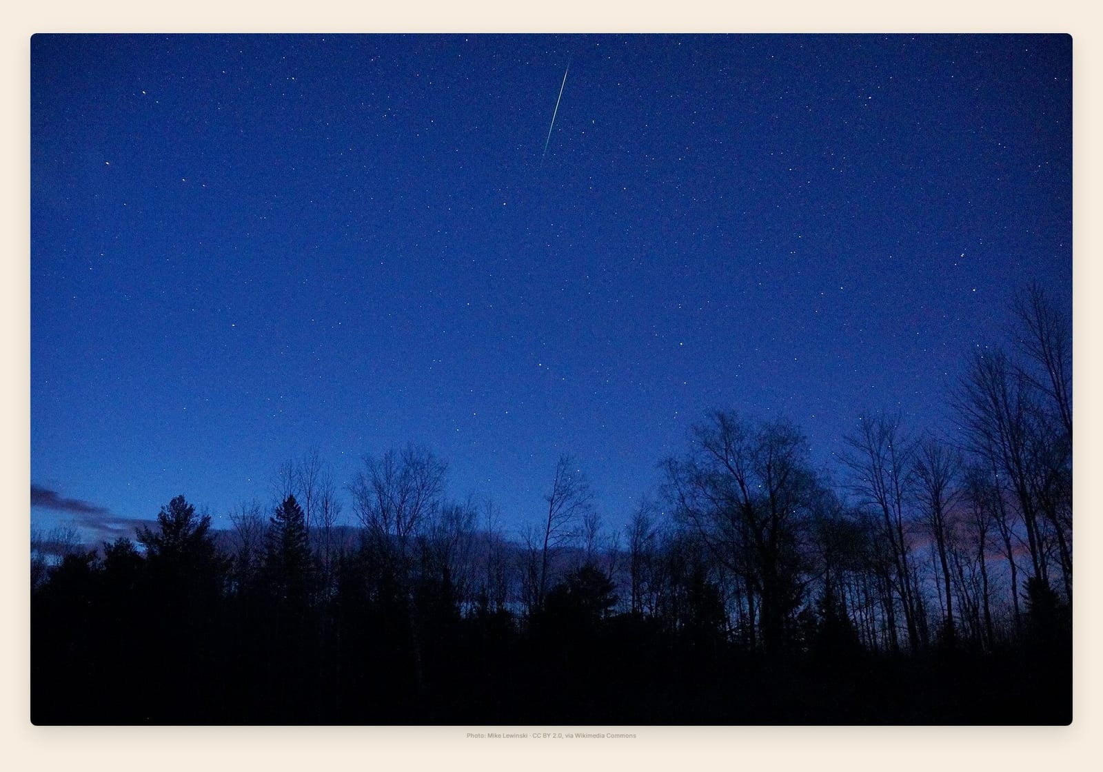 A lone Eta Aquariid meteor cuts through a deep blue pre-dawn sky above silhouetted trees