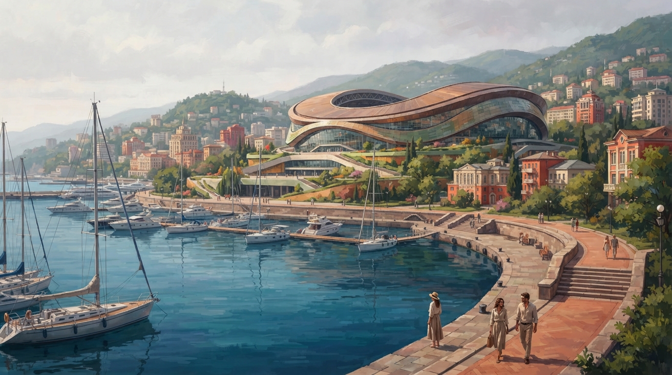 Editorial illustration of concept art landscape of a modern arena's curved silhouette rising above a Black Sea harbor, sailboats moored in the for