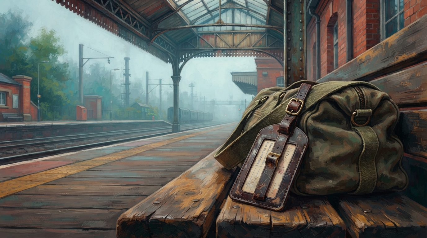 Editorial illustration of A weathered leather luggage tag hanging from a canvas travel bag strap, resting on a worn wooden train platform bench, t