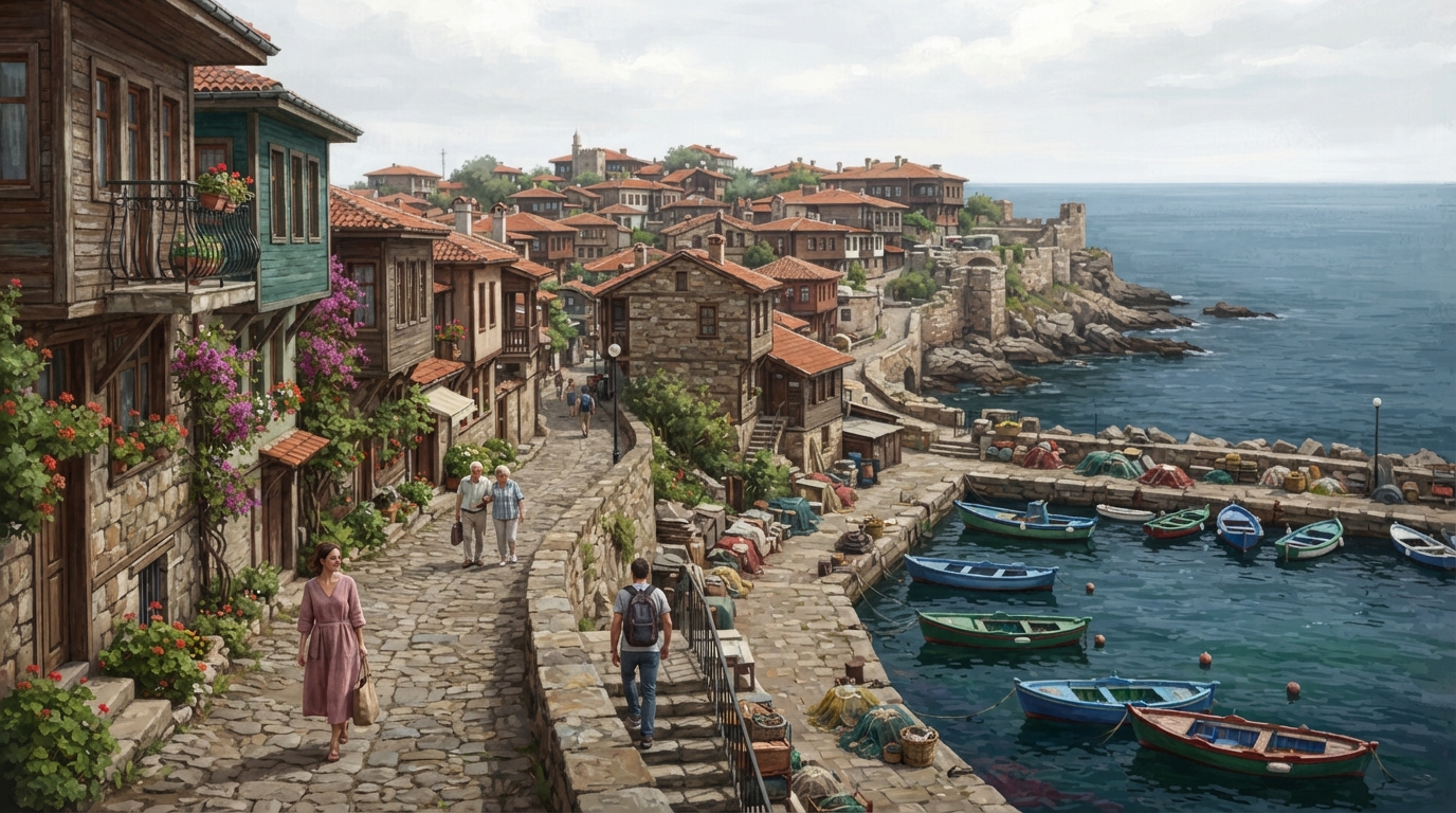 Editorial illustration of cityscape of a historic old town on a narrow rocky peninsula jutting into the Black Sea, weathered stone and wood buildi