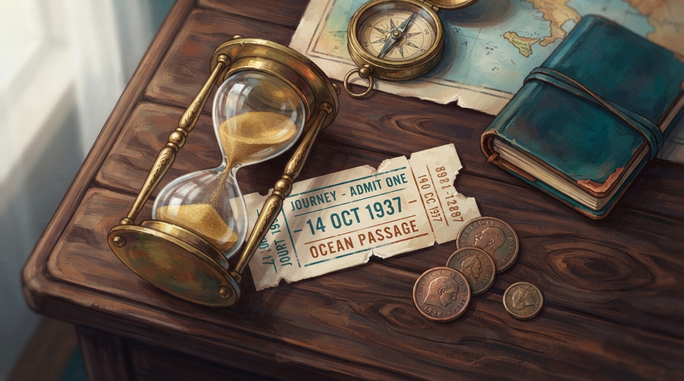 Editorial illustration of Overhead flat-lay of a brass hourglass resting beside a folded paper ticket stub and a small stack of coins on a dark wo
