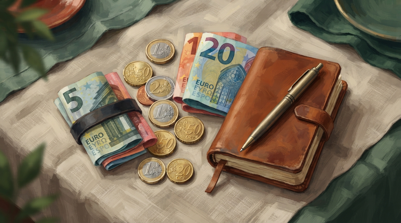 Editorial illustration of Overhead flat-lay of euro coins and neatly folded banknotes stacked beside a small leather notebook with a pen resting a