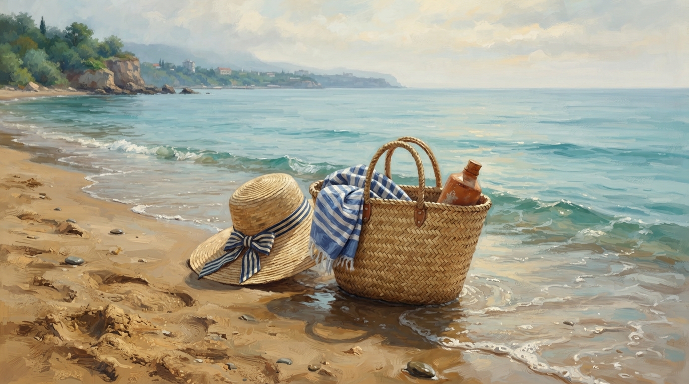 Editorial illustration of A woven straw beach bag and a wide-brimmed sunhat resting on golden sand at the edge of turquoise Black Sea water, gentl