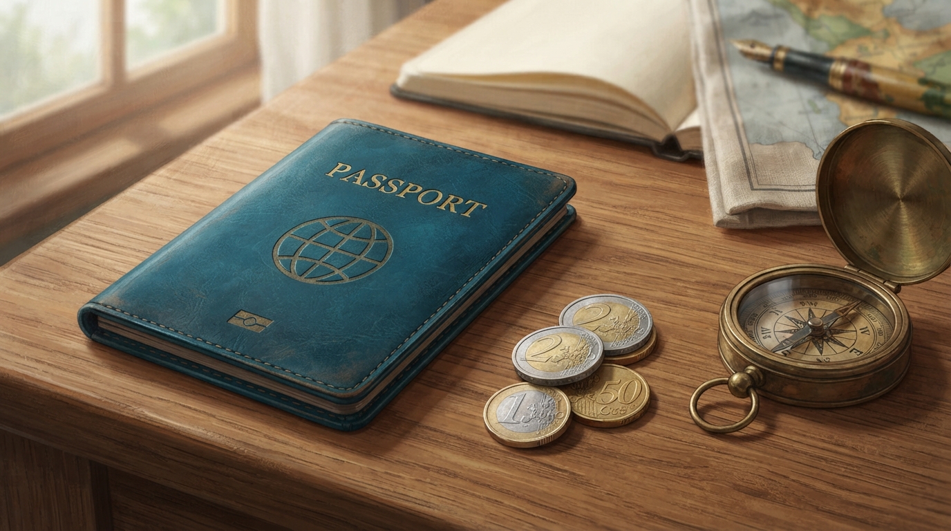 Editorial illustration of A closed leather passport cover resting on a wooden desk beside a small stack of euro coins and an antique brass compass