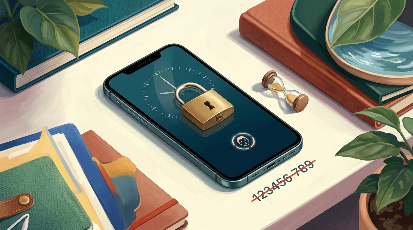 Redaktionelle Illustration eines modernen Smartphones auf einem aufgeräumten Schreibtisch, dessen Bildschirm einen schlichten, randlosen Lost-Mode-Sperrbildschirm zeigt