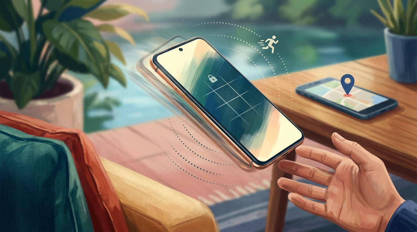 Eine dynamische redaktionelle Szene, die den Augenblick eines Griffs einfängt: ein Android-Handy, das wenige Zentimeter über einer offenen Hand in der Luft schwebt