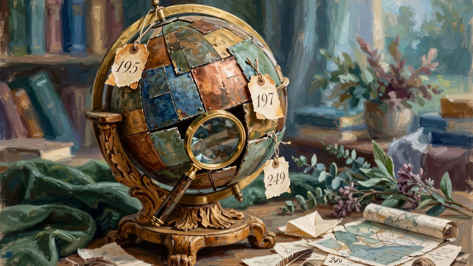A brass globe pieced together from mismatched panels, each tagged with a different country count