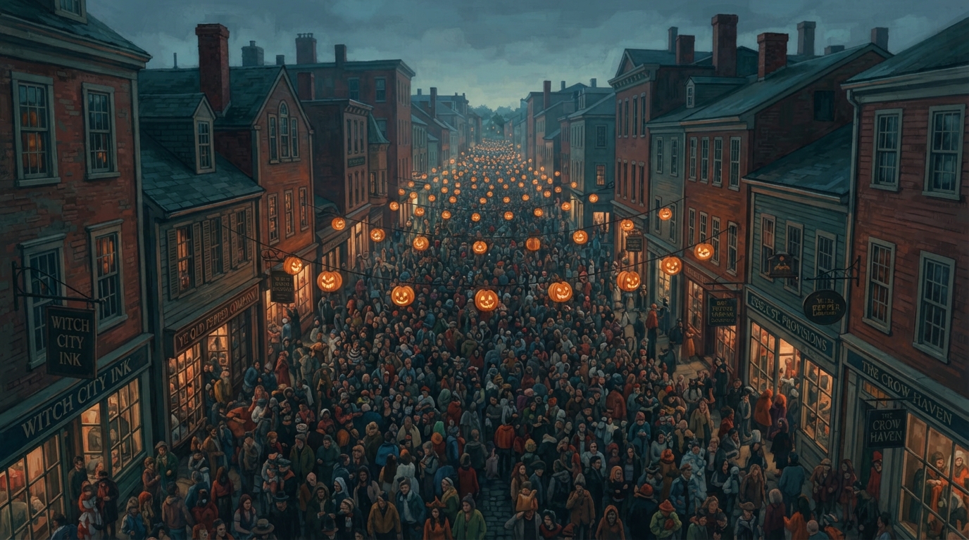 Editorial illustration of A high aerial view down Salem's narrow Essex Street at dusk, the cobblestones completely hidden beneath a dense, shoulde