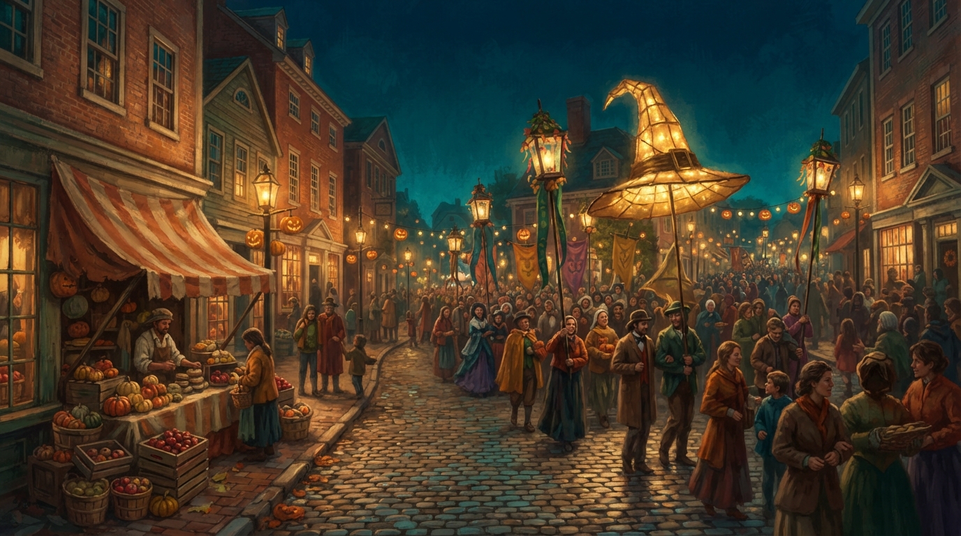 Editorial illustration of A nighttime parade procession winds down a Salem street lined with brick colonial buildings, tall lantern-topped poles a