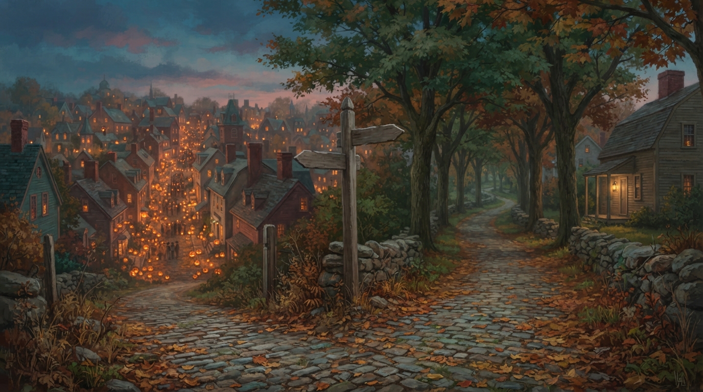 Editorial illustration of A cobblestone path splits into two forks at the edge of a colonial New England town at dusk, one side crowded with a den