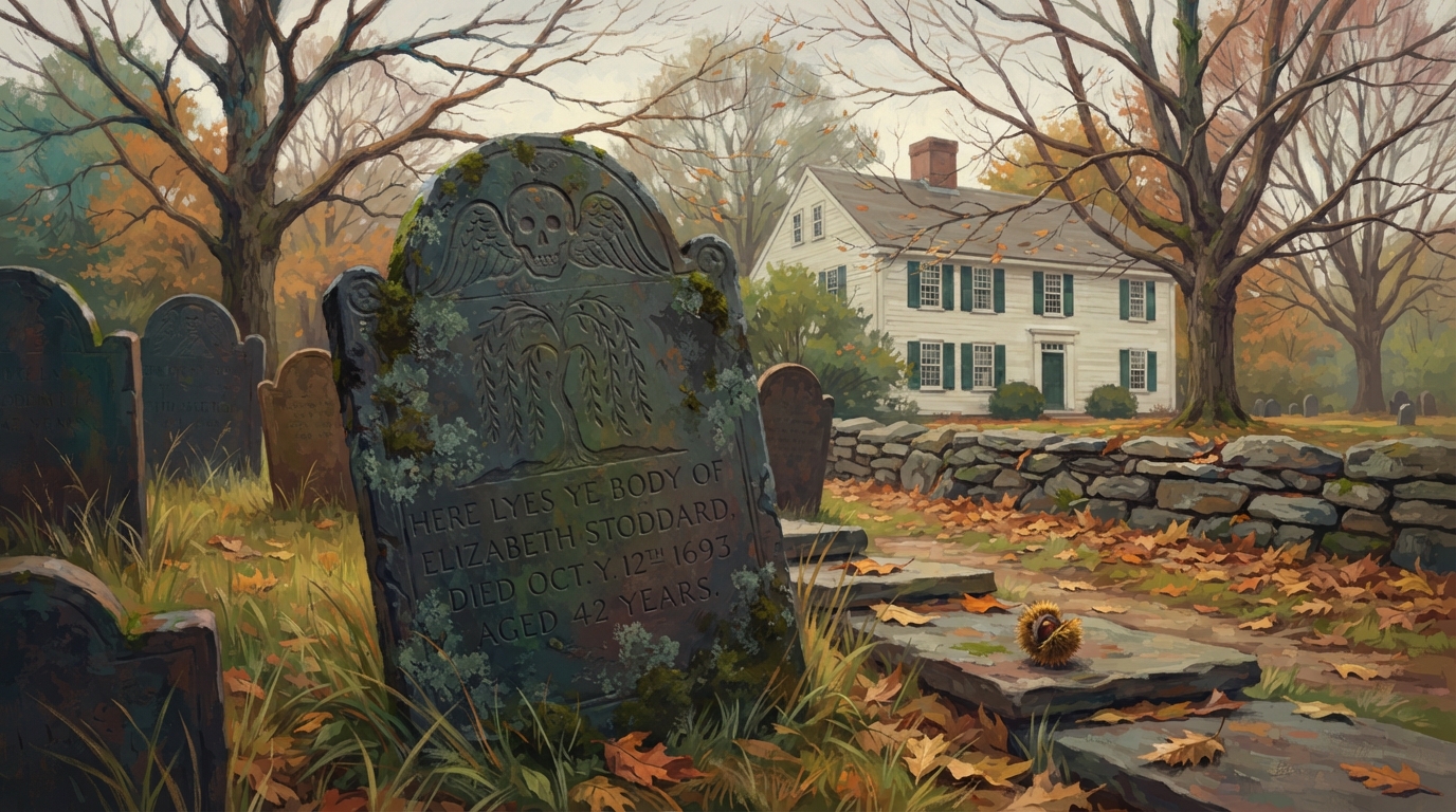 Editorial illustration of A weathered 17th-century slate gravestone tilts in a quiet colonial burying ground in Wethersfield, Connecticut, its car