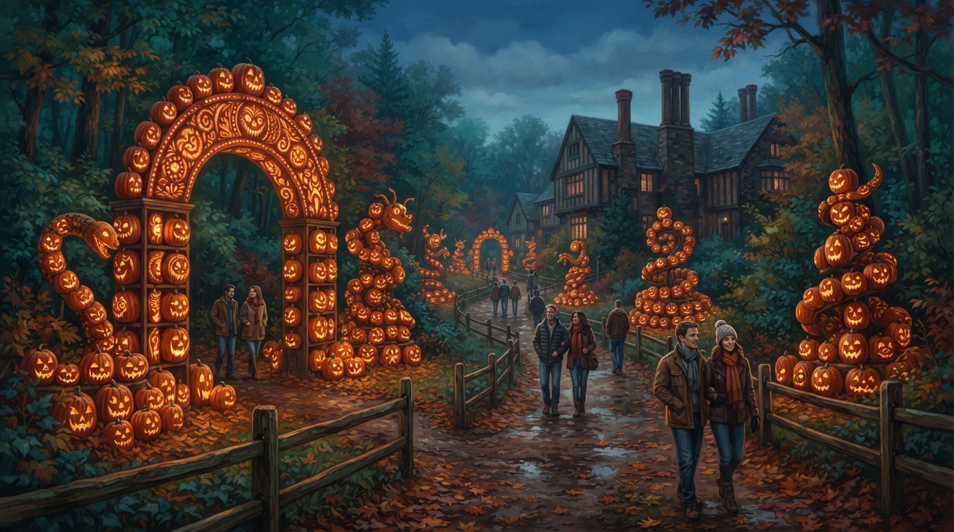 Editorial illustration of An illuminated trail of thousands of hand-carved pumpkins stacks into towering arches and spiraling sculptures along a w