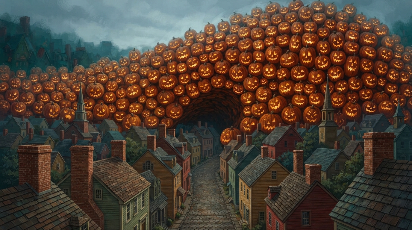 Editorial illustration of A cluster of tiny brick and clapboard colonial rooftops and steeples sits dwarfed beneath an enormous tide of glowing ca, representing Salem Massachusetts Halloween crowds 2026