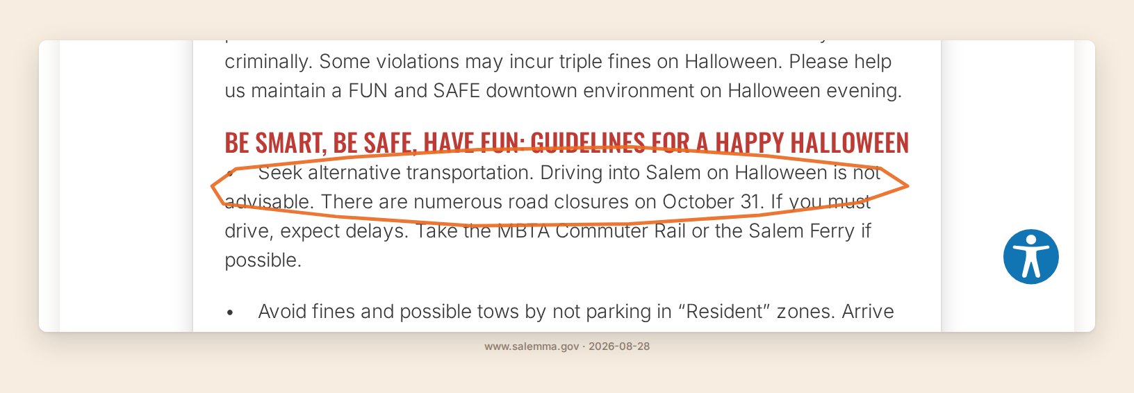 The City of Salem's official Halloween guide stating that driving into Salem on Halloween is not advisable due to numerous road closures