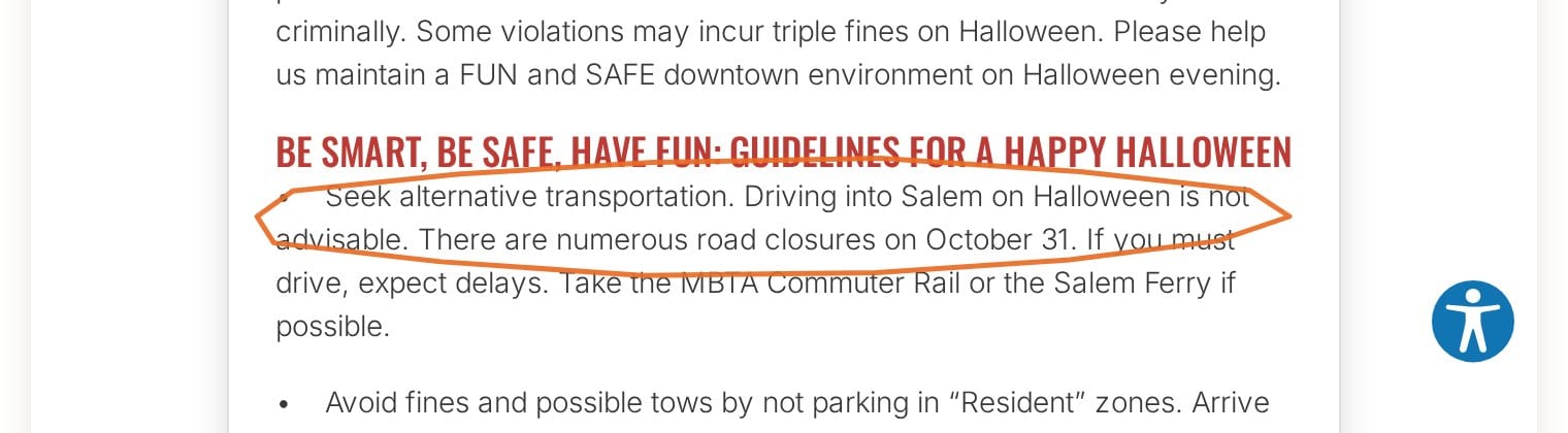 The City of Salem's official Halloween guide stating that driving into Salem on Halloween is not advisable due to numerous road closures