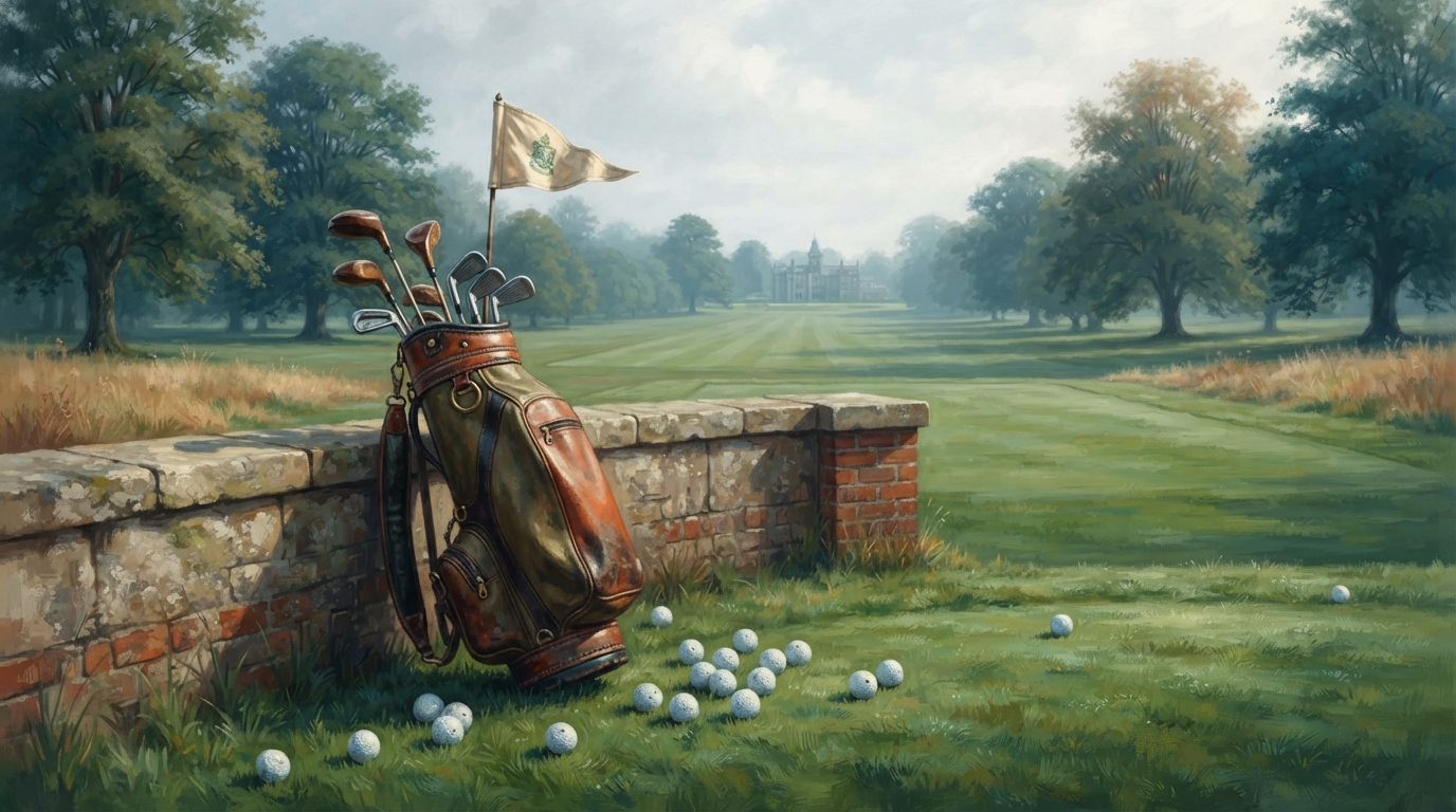 Editorial illustration of A weathered leather golf bag leans against a low limestone wall on the edge of Adare Manor's practice green, golf balls 