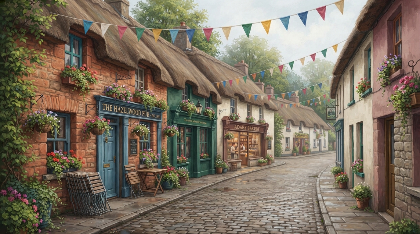 Editorial illustration of A row of thatched-roof cottages and a small stone pub line a narrow Adare village street, strung overhead with plain col
