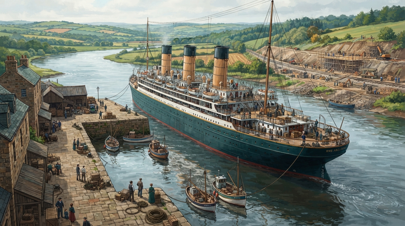 Editorial illustration of A grand five-deck ocean liner sits docked at a quiet stone pier on a wide tidal river, dwarfing the handful of small fis