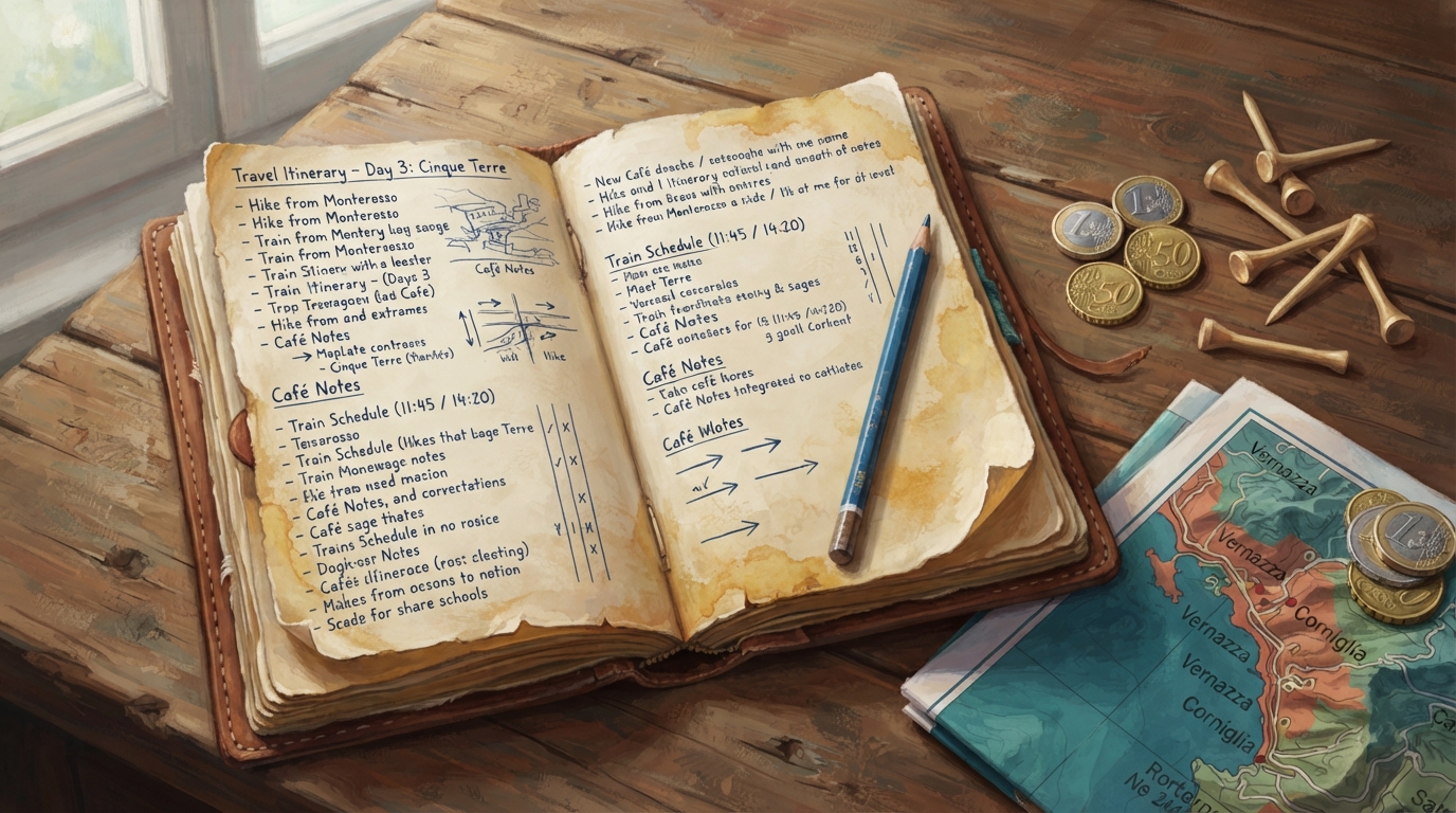 Editorial illustration of Overhead flat-lay of a well-worn notebook open on a rustic wooden table, its page filled with handwritten notes and roug