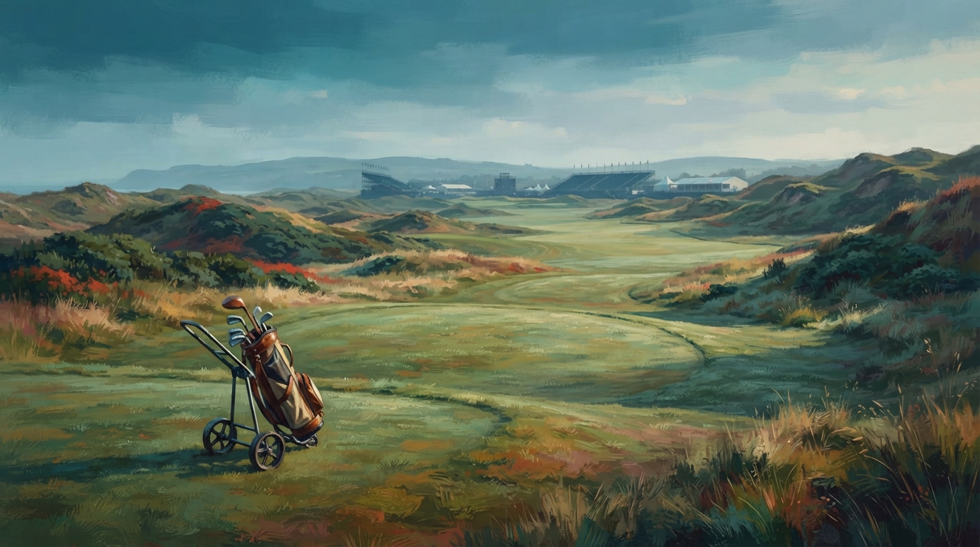 Editorial illustration of A quiet, dew-covered links fairway curves toward distant dunes under soft, overcast daylight, a single golf bag and pull