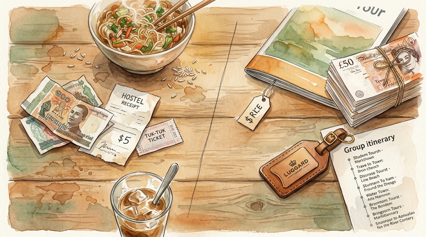 Watercolor illustration of watercolor overhead flat-lay showing two contrasting travel budgets laid out side by side on a worn wooden table