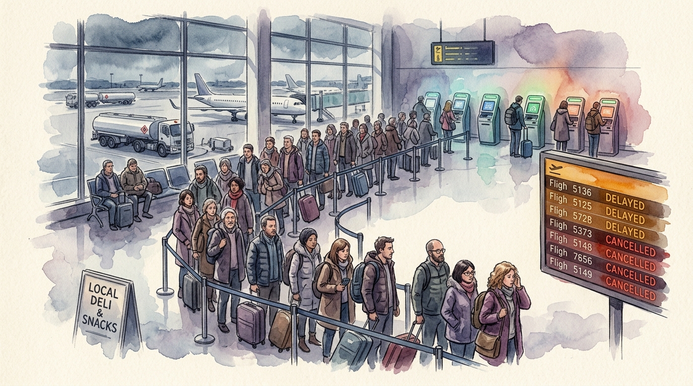 Watercolor illustration of a European airport arrivals hall in atmospheric chaos