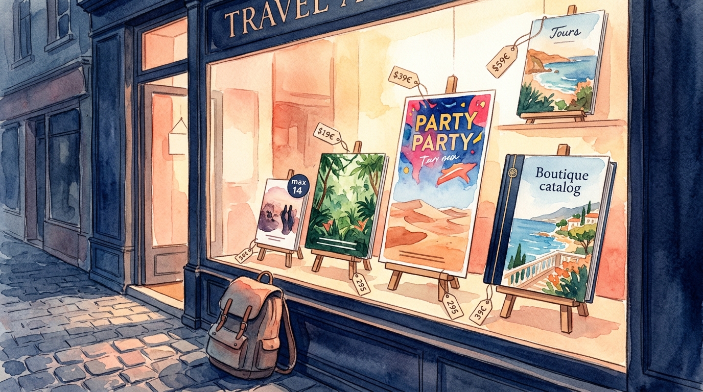 Watercolor illustration of a travel agency window display seen from outside on a cobblestone street