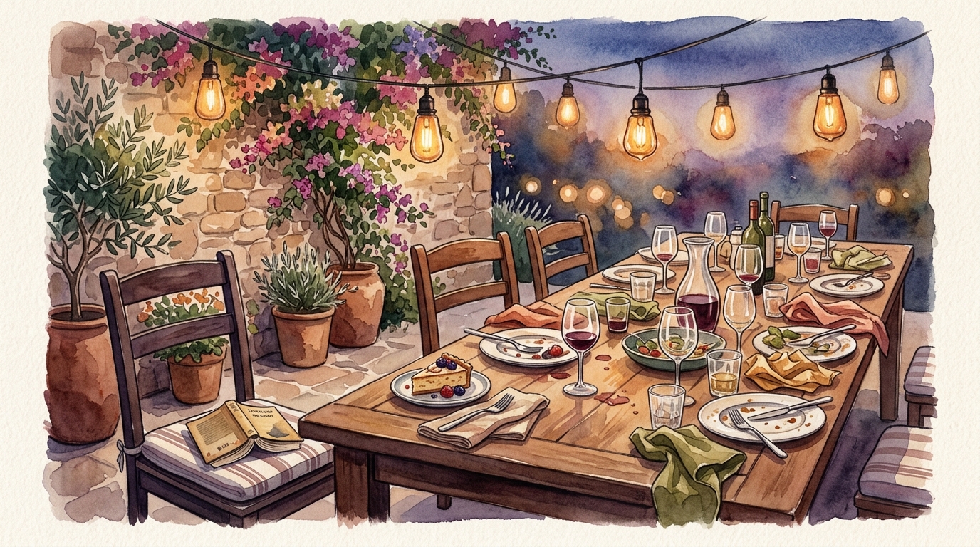 Watercolor illustration of a long outdoor restaurant table after a group dinner, seen from a slightly elevated angle