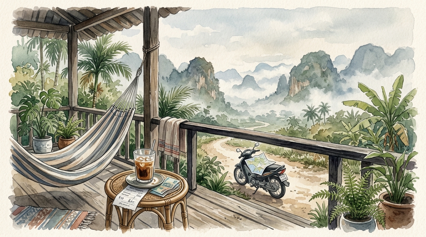Watercolor illustration of a quiet morning scene at a Southeast Asian guesthouse balcony