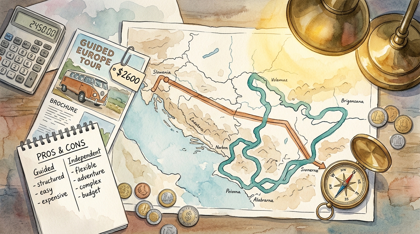 Watercolor illustration of a travel planning desk mid-decision