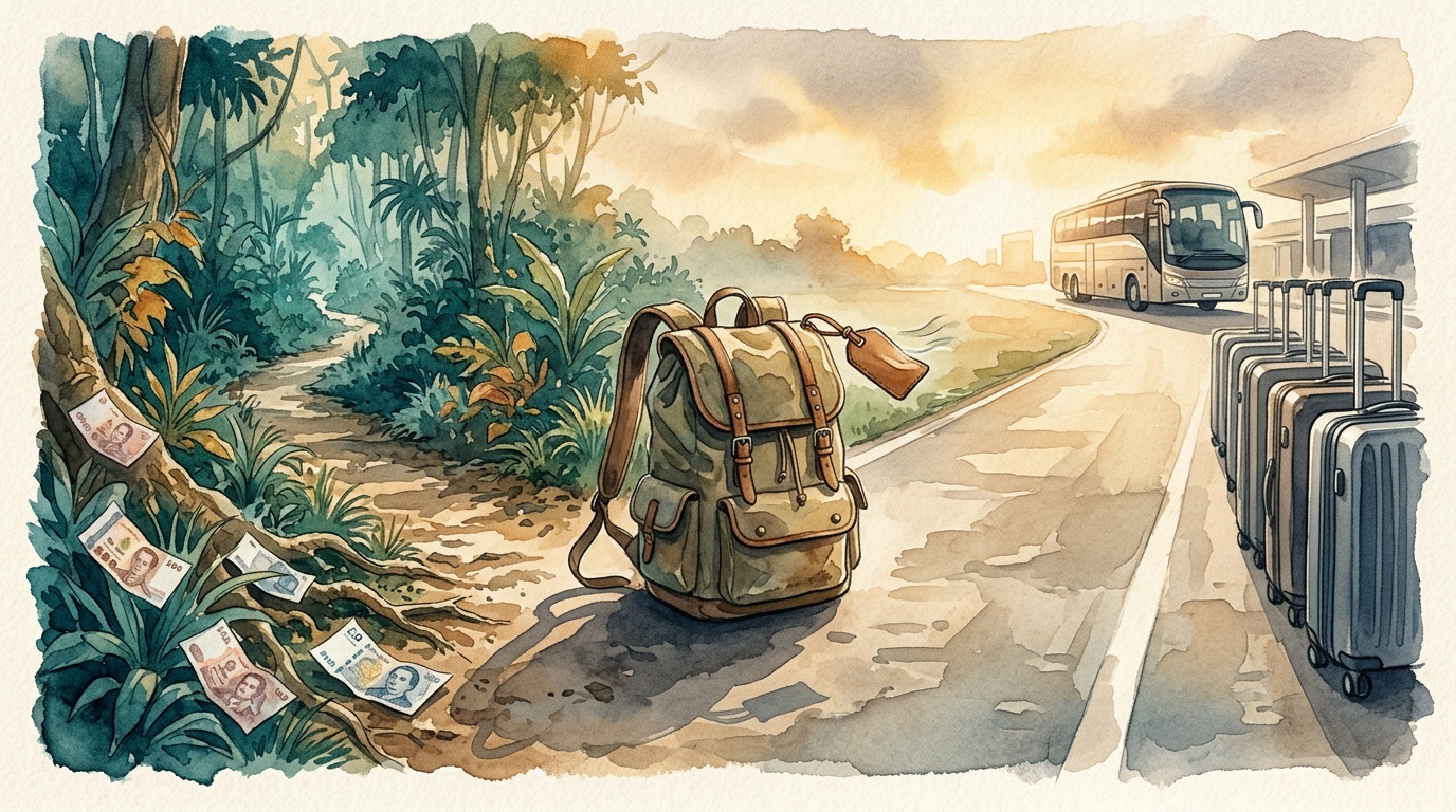 Watercolor illustration of editorial watercolor using dramatic juxtaposition: a single worn backpack sitting at a crossroads where the path splits , representing group tours for solo travelers