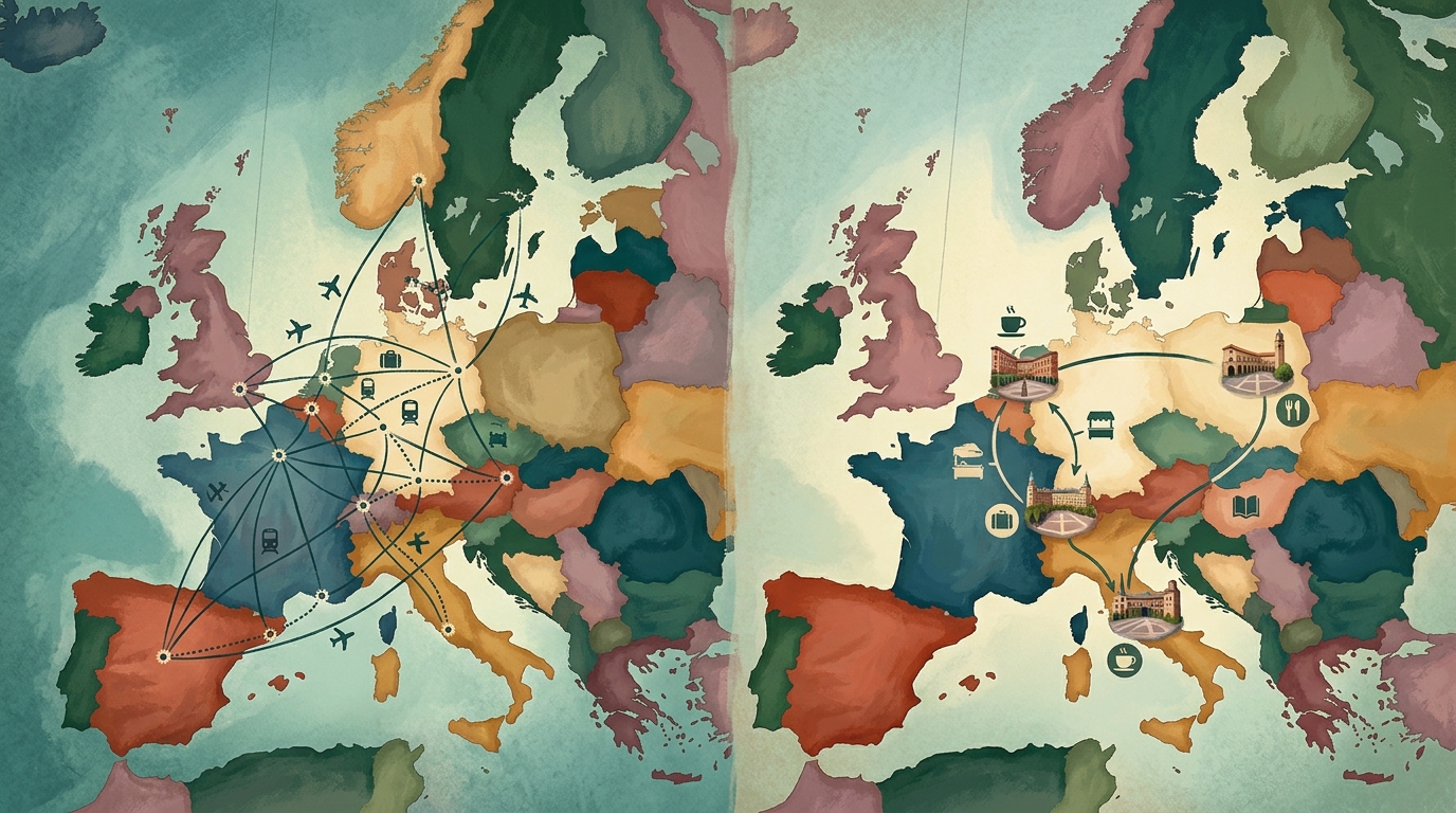 Verwitterte illustrierte Europakarte auf strukturierter Kartenoberfläche, im Gefühl zwischen zwei Routen geteilt