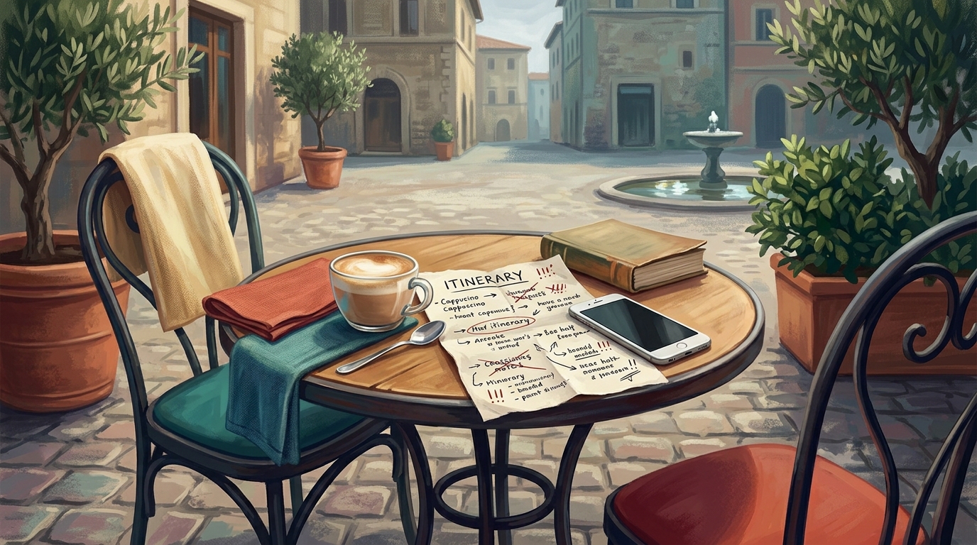 Stiller Café-Tisch im Freien auf einem sonnigen Platz, mitten in der Reise halb verlassen, mit einem kalten Cappuccino