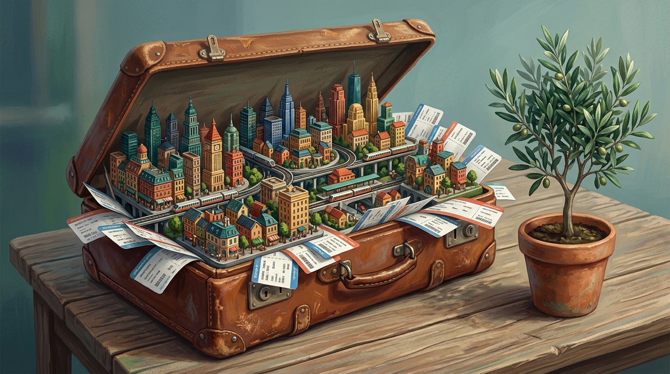 Watercolor illustration of A worn leather suitcase bursting open, overflowing not with clothes but with eleven tiny detailed city skylines, miniatu, representing how many cities is too many for one trip
