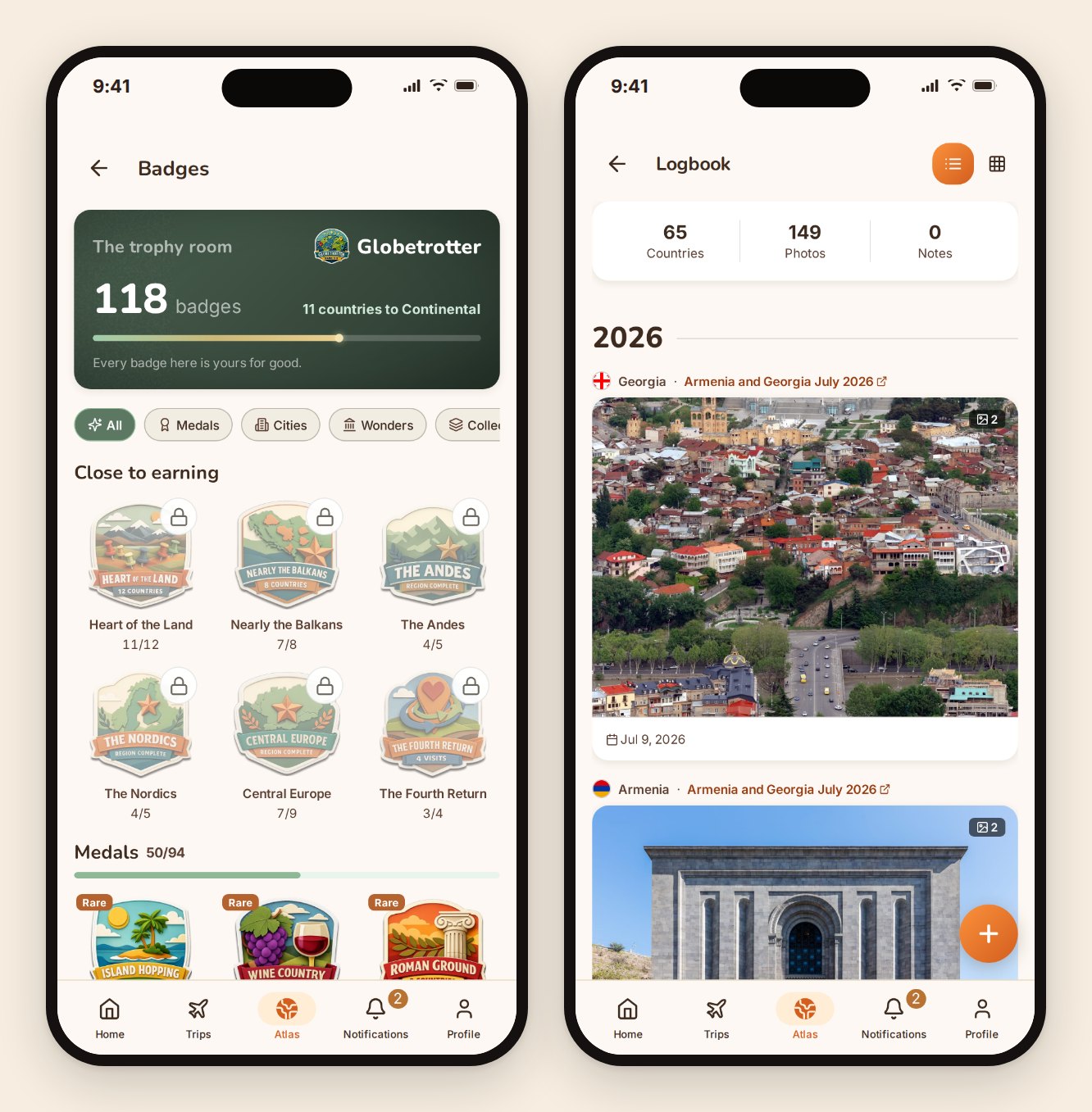 Atlas badges optjent for lande, kontinenter og rejsemønstre, og logbogen, der samler fotos og noter fra hver rejse