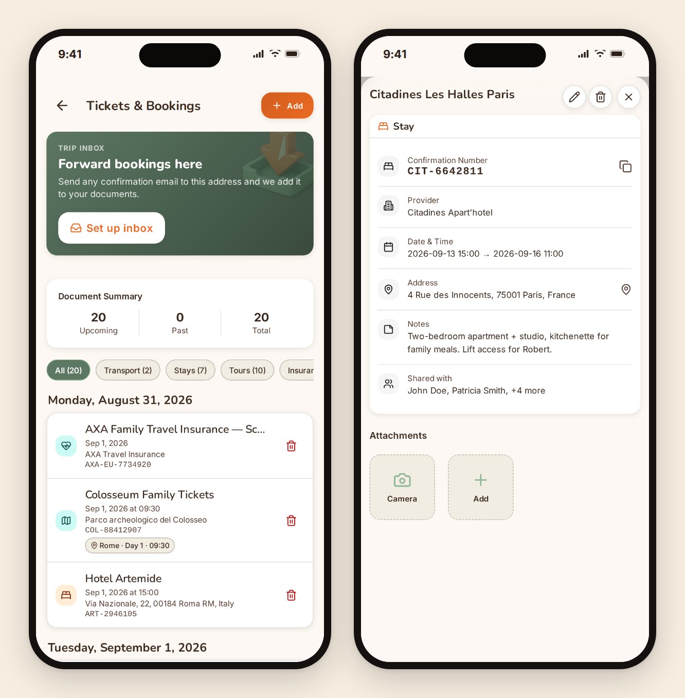 TripProf rejsedokumenter, der lister hver booking efter dato, og en hotelbooking med dens bekræftelsesnummer, datoer, adresse og vedhæftede filer