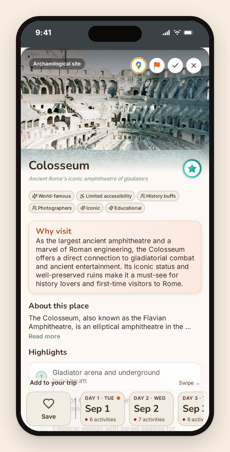 Et stedsdetalje-ark i TripProf for Colosseum, med fotos, tags og en måde med ét tryk at tilføje det til en specifik dag