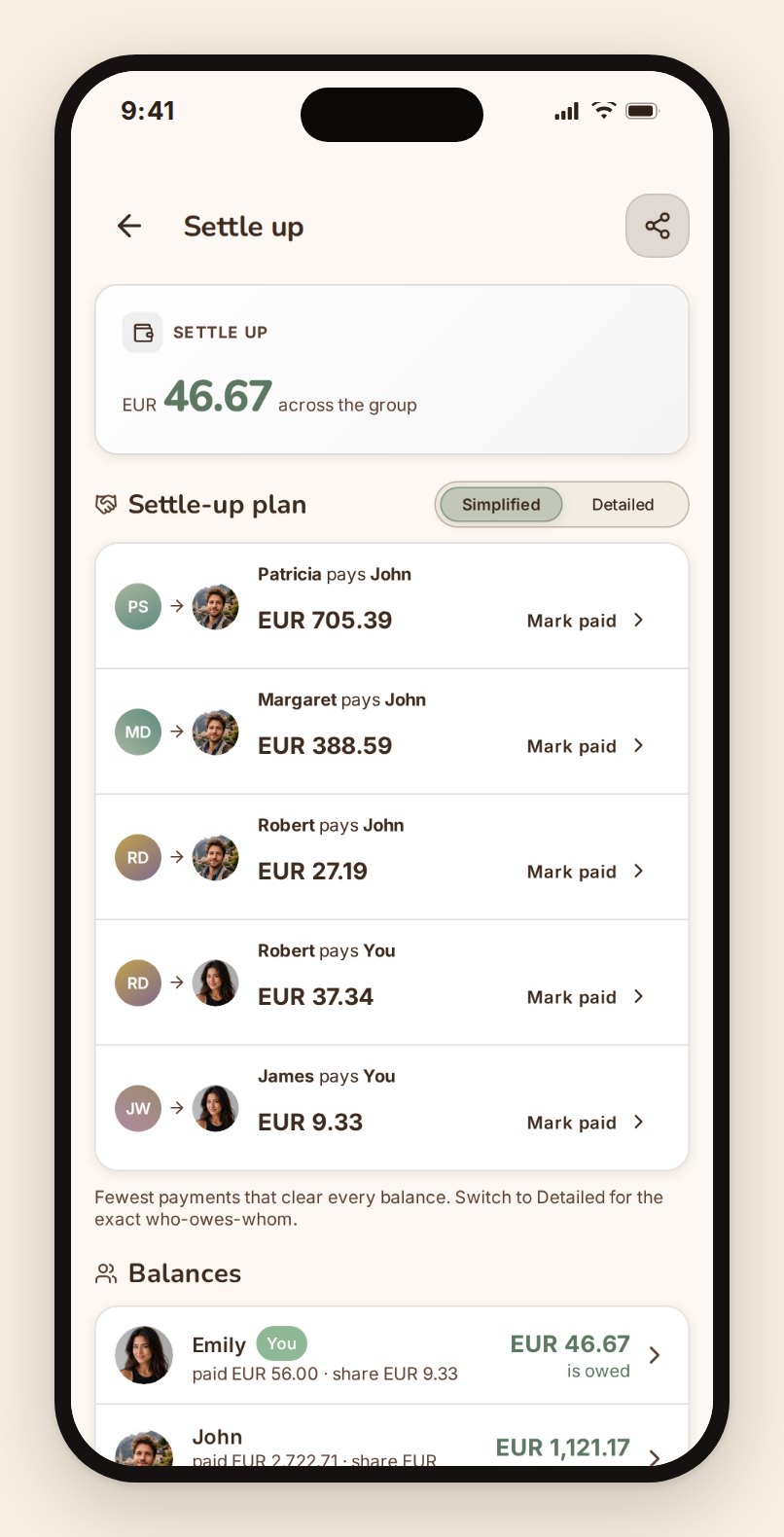 Afregning med én rejsende i TripProf, med hver betaling listet og markerbar som betalt