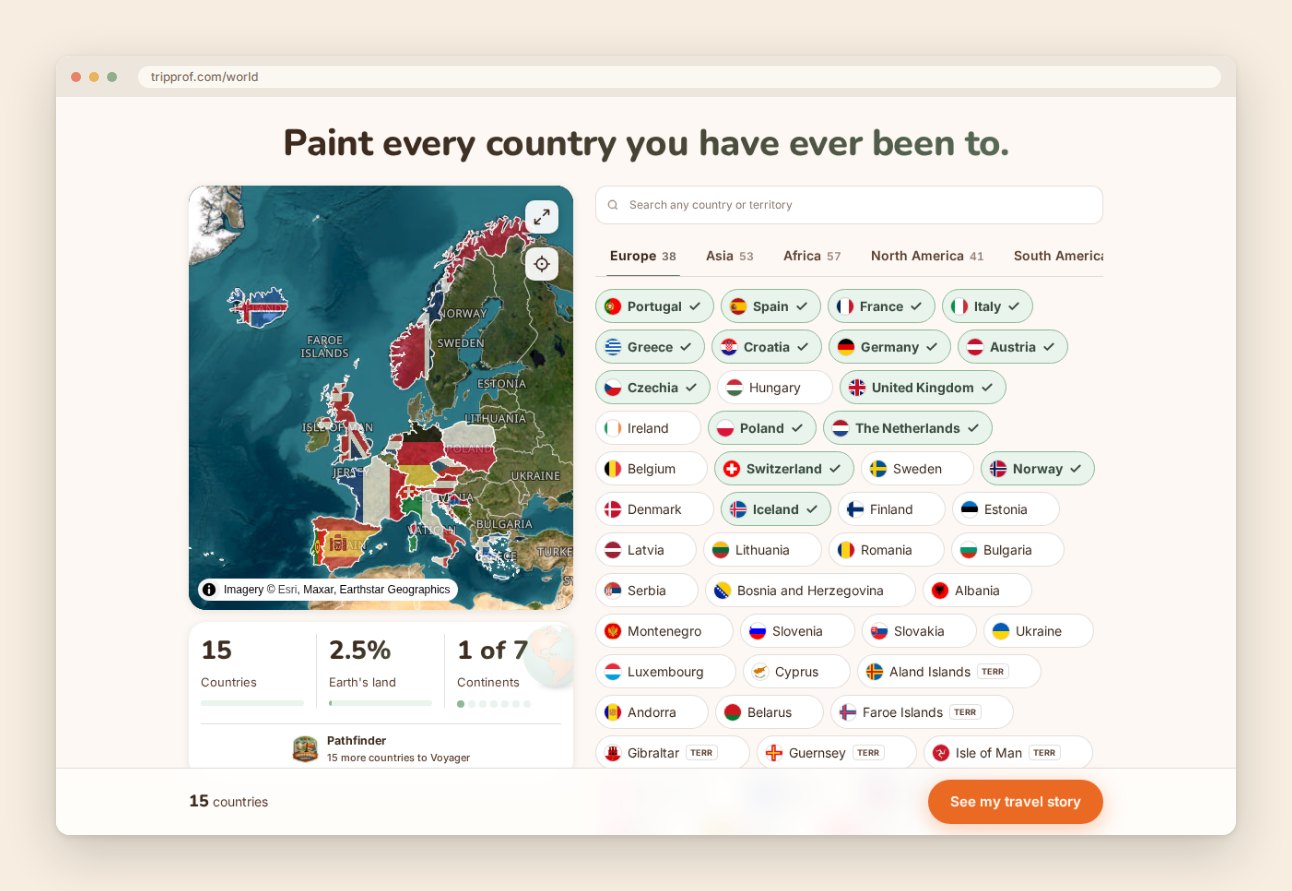 Det gratis tripprof.com/world værktøj, hvor klik på lande maler et rejsekort og tæller din del af Jordens land uden tilmelding