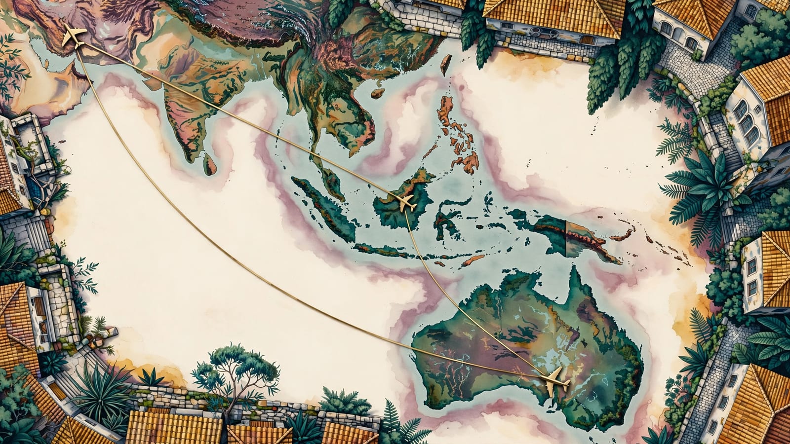 A flight path arcing from Australia through a stopover hub toward Europe
